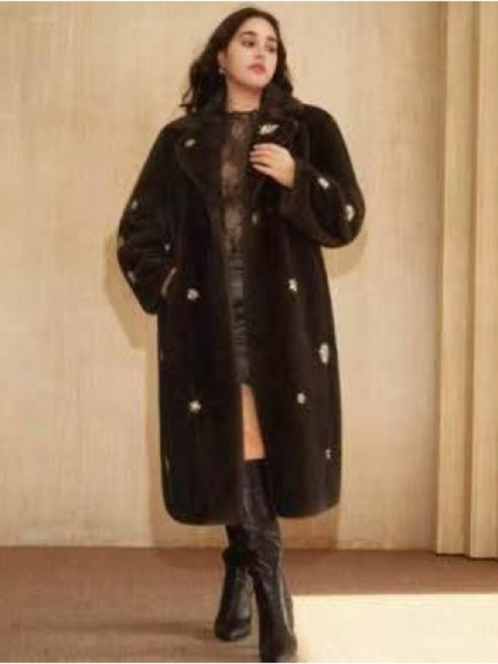 NWT - Women’s Rhinestone Embellished Brown Faux Fur Coat